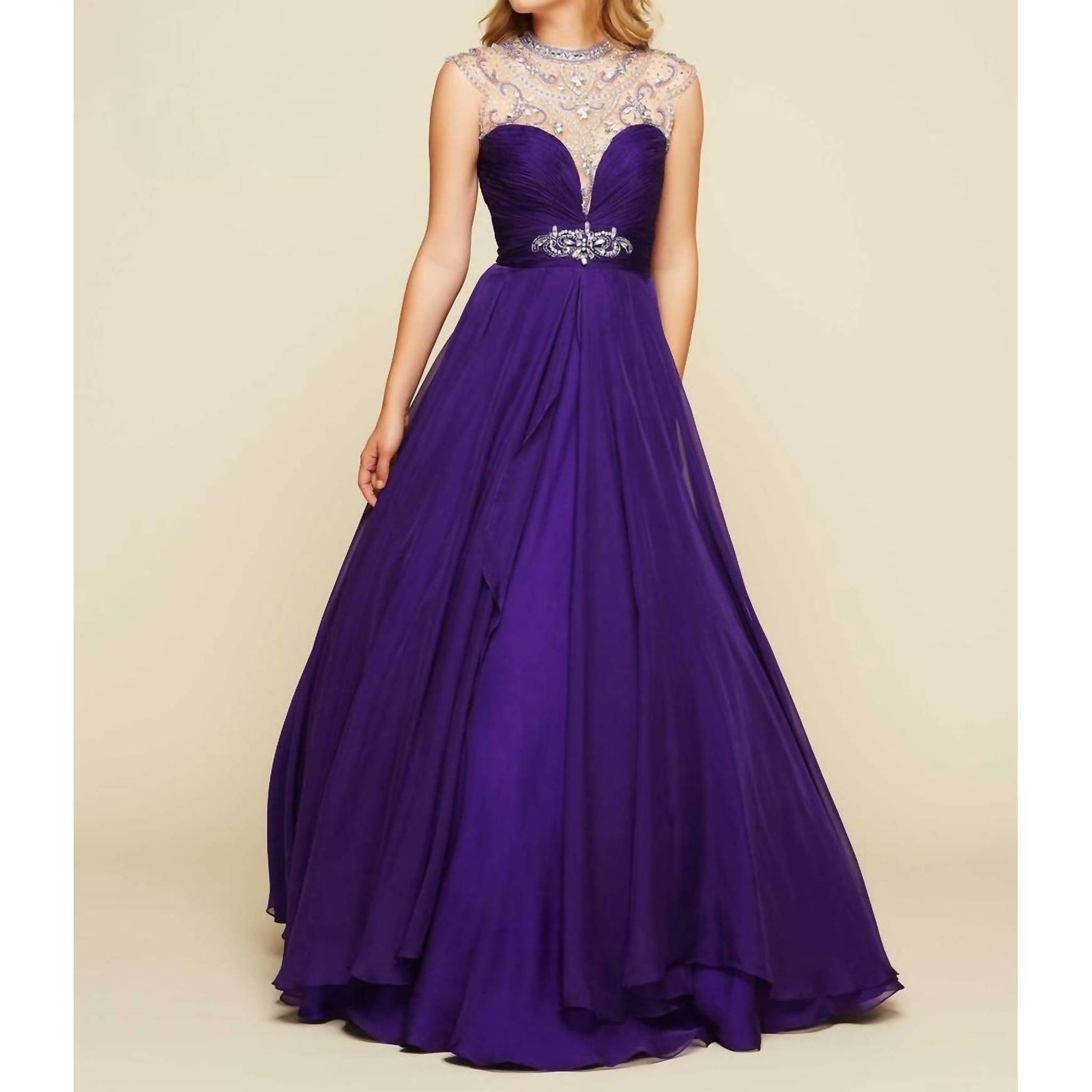 New Mac Duggal Rhinestones Embellished Illusion Neck Ball Gown In Purple